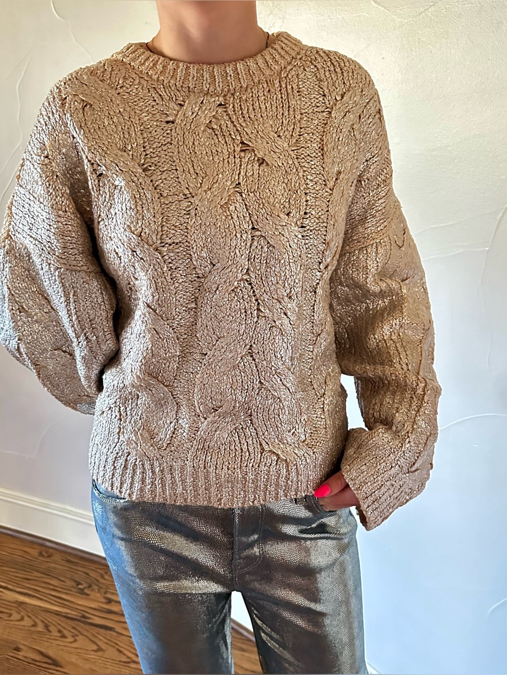 STELLA MCCARTNEY Cropped Chunky Metallic Cable-Knit Sweater Size 44🌸